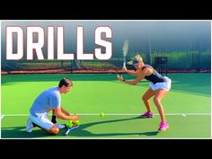 two people on a tennis court with balls in their hands and the words drills above them