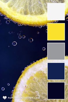 two lemons with water droplets on them and the color scheme is blue, yellow, and gray