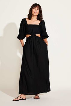 Cierra Cut Out Dress Billowy Sleeves, Cut Out Dress, Faithfull The Brand, Mid Length Skirts, Out Dress, Vitamin A, Black Midi Dress, Fitted Bodice, Mid Length