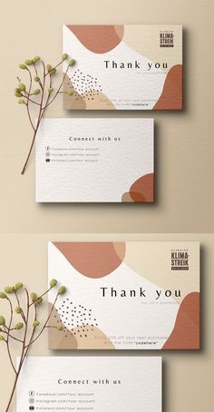 two business cards with flowers on them and the words thank you written in different languages