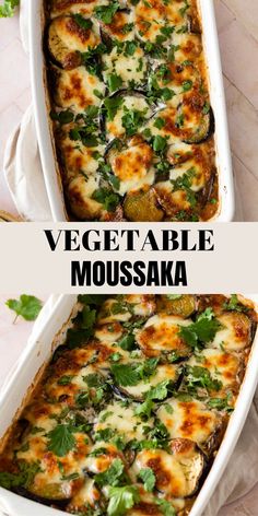 vegetable moussaka in a casserole dish with cheese and herbs