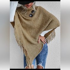 Boho Knit Fringed Poncho Acrylic Poncho Shawl For Fall, Acrylic Shawl Poncho For Fall, One Size Acrylic Poncho For Fall, Winter Knitted Cape Poncho, Knitted Winter Cape Poncho, Winter Knitted Poncho Cape, Beige Knit Poncho, One-size Beige Knit Poncho, Beige Knit Poncho One Size