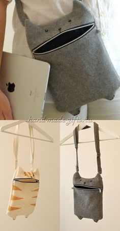 three pictures of different purses hanging from the ceiling, one with an animal design on it