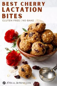 These no-bake cherry almond-butter-oat bites are a tasty little cookie for any occasion, but they are especially great for a new mom. Stir them together in one bowl for an easy, gluten-and-dairy-free snack! They make a great gift, too. | A Meal In Mind @amealinmind | No-Bake Cookies | Almond Butter-Oat Bites | Lactation Cookies | Low-Sugar Cookies Lactation Balls, Lactation Bites, Low Sugar Cookies, Gluten Free Pecan, Dairy Free Snacks, Almond Butter Cookies, Lactation Recipes, Creamy Mac And Cheese, Lactation Cookies