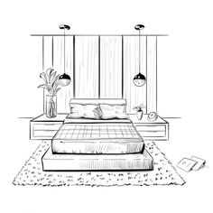 a black and white drawing of a bedroom with a bed, nightstands, lamps and rug