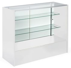 an empty white display case with glass shelves