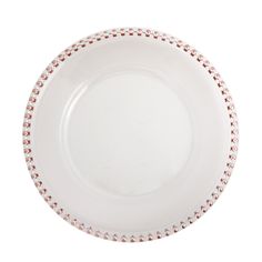 an empty white plate with red beading on the rim and bottom, isolated against a white background