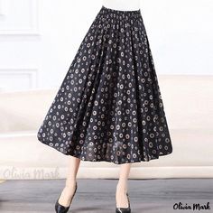 Olivia Mark - Cotton Linen Printed Elastic High Waist Maxi Skirt A-line Umbrella Skirt Long Casual Loose Fit Floriated Half Skirt Black A-line Maxi Skirt For Summer, Casual A-line Pleated Maxi Skirt, Casual A-line Skirt With Elastic Waistband, Casual Black A-line Pleated Skirt, Non-stretch Black Pleated Skirt For Summer, Casual A-line Maxi Skirt With Elastic Waistband, Flowy A-line Pleated Skirt With Elastic Waistband, Black A-line Pleated Skirt, A-line Bottoms With Elastic Waistband In Black