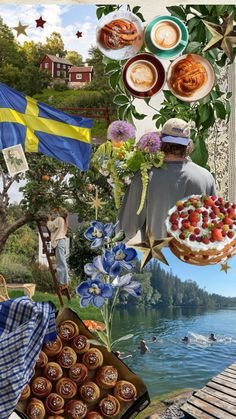 a collage of pictures with people and food on the water's edge, including an image of a man sitting at a picnic table next to a lake