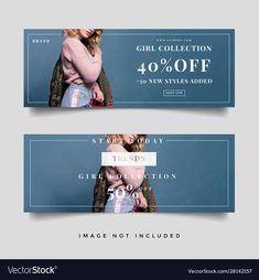 two blue and white sale banners with woman in pink sweaters on the left side