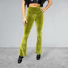 Crossover V-Waist Bootcut Flare Pants - Olive Green Velvet | Peridot Clothing Bootcut Pants, Green Velvet, Flare Pants, Crossover, Olive Green, Pants For Women, Size 4, High Waisted, Velvet