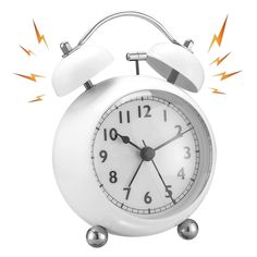 an alarm clock with two hands and one hand pointing at it's time, on a white background