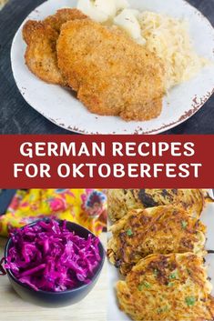 the german food is served on plates with red cabbage and other foods to eat in them