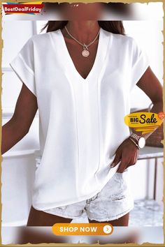 V Neck Short Sleeve Plain T Shirt P3817324760 Casual V-neck Plain Top, Solid V-neck T-shirt For Work, Relaxed Fit V-neck T-shirt For Work, Casual White V-neck Top, Plain V-neck Spring Tops, Plain V-neck Tops For Spring, Plain Summer Workwear Tops, White V-neck Casual Top, Casual V-neck Plain Blouse