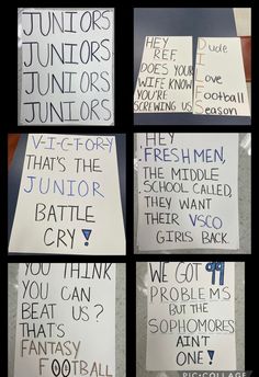 four different signs with writing on them that say they are for juniors and juniors