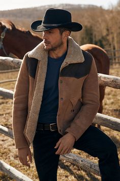 Western Style Outerwear For Fall Outdoor Activities, Western Style Fall Outdoor Outerwear, Fitted Western Leather Jacket For Winter, Western Style Fitted Leather Jacket For Winter, Fitted Western Outerwear For Outdoor, Western Style Brown Leather Jacket For Winter, Brown Western Leather Jacket For Winter, Rugged Sheepskin Long Sleeve Outerwear, Rugged Sheepskin Outerwear With Long Sleeves