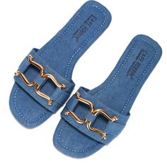 Denim Sandal With Gold Chain Links. Cushioned Foot Bed-Cape Robbin Trendy Denim Blue Sandals, Trendy Blue Denim Sandals, Trendy Denim Sandals For Summer, Flat Denim Blue Sandals, Denim Slides, Women Slippers Fashion, Denim Sandals, Velvet Flats, Slides For Women