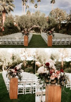 an outdoor ceremony setup with white chairs and floral centerpieces on the aisle, surrounded by palm trees