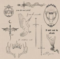 an old - fashioned tattoo design with different designs and words, including birds, swords, bats