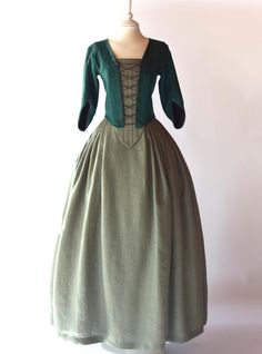 DORINE 18th Century Dresses, Outlander Costumes, Corset Outfits, Popular Costumes, Cotton Corset, 18th Century Dress, Corset Outfit, Century Dress, Sage Green Color