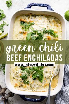 green chili beef enchiladas in a blue casserole dish with text overlay