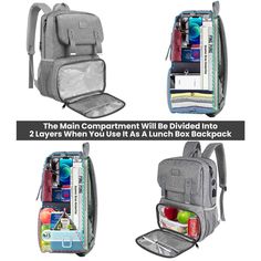 Bookbag with Lunch Box Description Carry the right backpack lunchbox when you go to school or work. It can keep your food fresh about 2-4 hours. Don't worry about that your food can leak to the backpack or your sauce splashes inside. Because this lunch box backpack are insulated waterproof and leak-proof liner. It's perfect for your nursing school. You can hold a lot of books and under 15.6 inch laptop. Product Dimensions: 11 x 7.5 x 17 inches； Item Weight: 2 pounds； Dimension of the cooler comp Back To School Portable Lunch Bag, Functional School Lunch Bag Backpack, Portable Lunch Box For Travel And Back To School, Functional School Backpack Lunch Bag, Functional Backpack Lunch Bag For School, Portable Lunch Bag For Back To School, Large Capacity Lunch Bag For Back To School, Functional Backpack-style Lunch Bag For Back To School, Functional Backpack Lunch Bag For Back To School