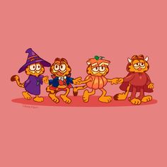 three cartoon characters are holding hands in front of a pink background with an orange cat