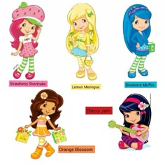 four cartoon girls with different outfits and accessories