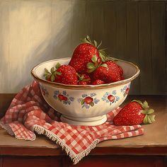 a painting of strawberries in a bowl on a table