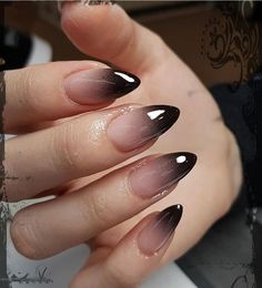 Black Gradient Almond Nails, Almond Shape October Nails, Reverse Black Ombre Nails, Black Ombre Almond Shaped Nails, Black Simple Nails Almond, Dark Ombre Nails Almond, Dark Green Gradient Nails, Black French Ombre Nails, Sharp Halloween Nails