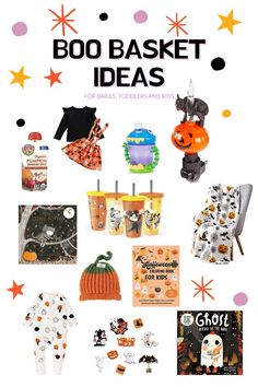 an advertisement for boo basket ideas with pumpkins, ghost hats and other halloween items