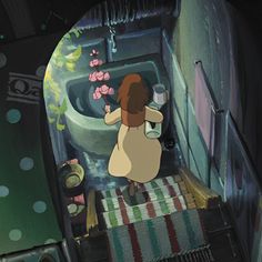 a cartoon character is standing in front of a toilet and looking at the floor below