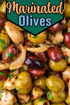 Various coloured olives with a text overlay title.