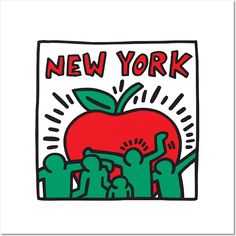 an apple and cactus with the words new york written in red, green and white