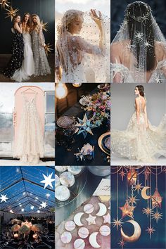 a collage of photos with stars, moon and other things in the background that are being used for wedding gowns