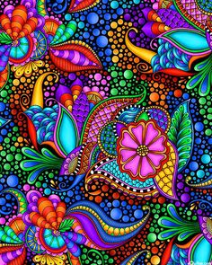 an abstract painting with colorful flowers and leaves on it's surface, in bright colors