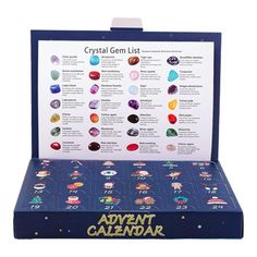 the crystal gems list is in a blue box with gold lettering and pictures on it