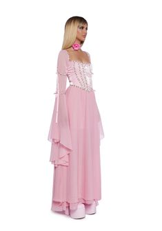 Rule the kingdom with this maxi dress that has a shimmery chiffon construction, a square neckline, an attached corset with structured boning, embroidered floral detailing, long flowy sheer bell sleeves with ribbon ties, a maxi skirt, a back lace-up closure, and a side zipper closure. Square Neck Corset Dress For Prom, Spring Maxi Dress For Costume Party, Pink Square Neck Maxi Dress For Evening, Corset Maxi Dress, Dress With Floral Embroidery, Fairycore Fairy, Fairy Queen, Skirts With Boots, Pink Doll