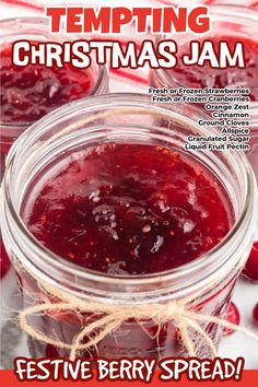 a jar filled with cranberry jam sitting on top of a table