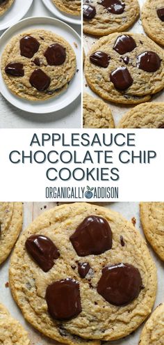 chocolate chip cookies are arranged on top of each other with the words, applesauce chocolate chip cookies