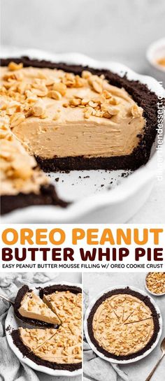 an oreo peanut butter whip pie is shown with the crust removed and ready to be eaten