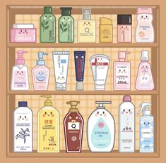 a shelf filled with lots of different types of skin care products