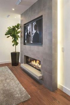 a fireplace with a tv mounted on the wall above it and a potted plant next to it