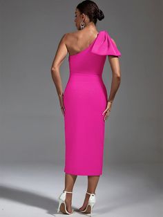 Look gorgeous in this striking pink bandage slim evening dress. Perfect for a special event or cocktail at night, its sleek cut and fabric will flatter your figure and have you looking stunning. Stand out from the crowd and show off your style. You'll be the center of attention and make a lasting impression with this beautiful dress. Let yourself shine and create a timeless silhouette that will make you feel confident and glamorous. Enjoy a night you'll never forget! Note: 1. The measurements in Fitted Bodycon Dress With Asymmetrical Neckline For Prom, Elegant Pink Strapless Bodycon Dress, Elegant Bandage Midi Dress For Cocktail, Elegant One Shoulder Pink Evening Dress, Elegant One-shoulder Pink Evening Dress, Elegant Pink One-shoulder Evening Dress, Pink Fitted One-shoulder Midi Dress, One-shoulder Bandage Dress For Spring Party, Elegant Pink Sleeveless Bandage Dress