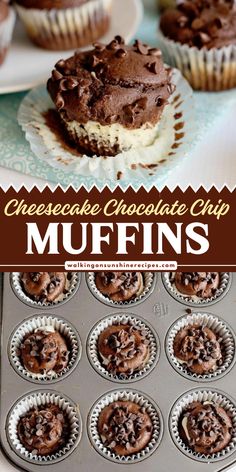 Want another back-to-school breakfast idea? Check out this creamy cheesecake muffin recipe! Start your day with delicious and easy cheesecake chocolate chip muffins. Save this recipe for more quick breakfast on-the-go ideas! Texas Muffin Recipes, Chocolate Chip Yogurt Muffins, Fancy Muffin Recipes, Big Muffins Recipe, Muffin Top Pan Recipes, Mini Muffin Recipes, Muffins Recipes Easy, Assorted Muffins, Chocolate Cheesecake Muffins