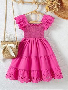 Hot Pink Cute Collar Cap Sleeve Woven Fabric Plain A Line Embellished Non-Stretch  Young Girls Clothing Pink Dress For Kids, Toddler Dresses, Pink Toddler Dress, 2piece Outfits, Baby Girl Dress Design, Kids Clothing Brands, African Dresses For Kids, Trendy Dress Outfits, Fashion Kids