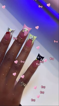 Cute Small Duck Nails, Hello Kitty Painted Nails, Duck Nails Hello Kitty, Hello Kitty Inspired Nails, Hello Kitty Duck Nails, Pink Hello Kitty Nails, Emoji Nails, Kitty Nails, Wow Nails