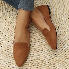 Brown Suede Pointed Toe Flat Loafers Leopard Print Shoes Flats, Suede Flats Shoes, Leopard Print Loafers, Heels Patterns, Casual Pumps, Elegant Flats, Leopard Print Flats, Comfortable Walking Shoes