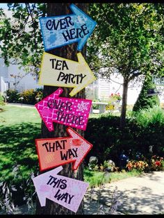 several signs on a tree that say tea party, over there, and this way