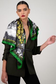 Embrace the regal charm and sustainability of our luxurious silk scarf.  Infuse a touch of elegance into your wardrobe with this exquisite accessory. Drawing inspiration from the majestic peacock, this vibrant scarf reflects self-confidence, pride, and dignity, just like the rocco peacock. It’s a standout piece that brings a sense of royalty and timeless beauty to any ensemble.  Made from 100% pure silk twill, the scarf is an embodiment of opulence and grace. Its hand-rolled hem and unparalleled Green Chic Silk Scarves, Green Silk Scarves For Formal Occasions, Green Silk Scarf For Formal Occasions, Chic Green Silk Scarves, Formal Green Silk Scarves, Formal Green Silk Scarf, Multicolor Luxury Silk Scarf For Formal Occasions, Luxury Silk Shawl Scarves, Luxury Multicolor Silk Scarf For Formal Events